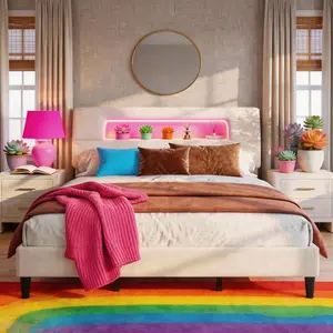 【Spring Glow up】King/Queen/Full Size Bed Frame with Ergonomic Storage Headboard, Upholstered Bed Frame with LED Lights & Charging Station, Unique Open-Design, NO Noise, Sturdy Construction & Easy Assembly, No Box Spring Needed, 882Lbs Capacity, Beige