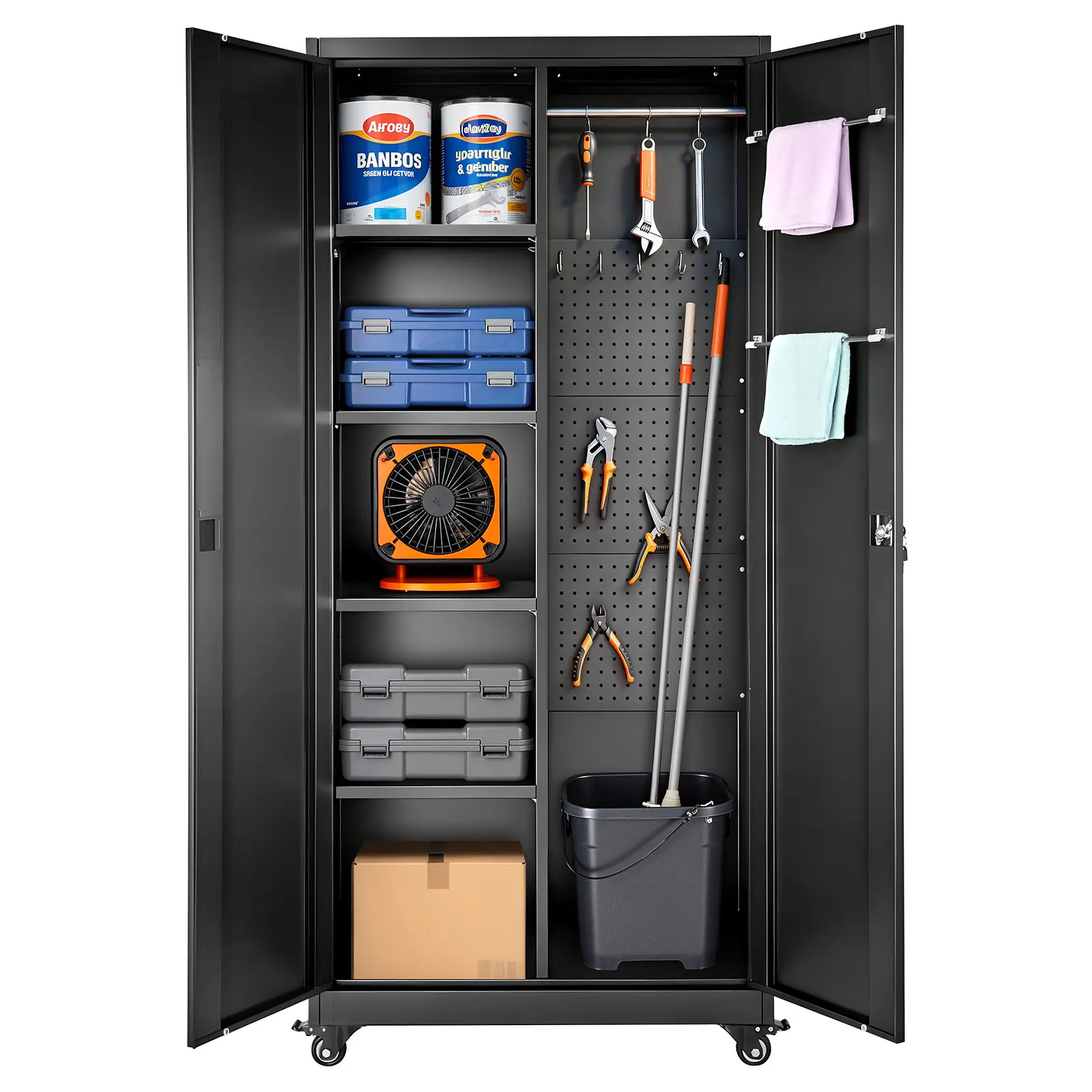 VEVOR All Steel 5-Shelf Cabinet, 70.6 in Rolling Lockable Tool Storage Cabinet with Adjustable Multi-Compartment Shelves, 2 Magnetic Doors, Hanging Rod, 3 Rod Hooks, for Garage, Pantry (Father's Day Gift), 5-Shelf Cabinets, Adjustable Multi-Compartment Ca