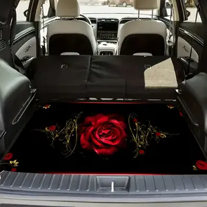 1pc Red Rose Print Car Trunk Mat - Anti-Slip Rubber Foot Pad, Elegant Design with Golden Accents, Fits Most Car Models, Car Interior Accessory | Elegant Car Decor | Nonslip Car Mat, Car Trunk Mat