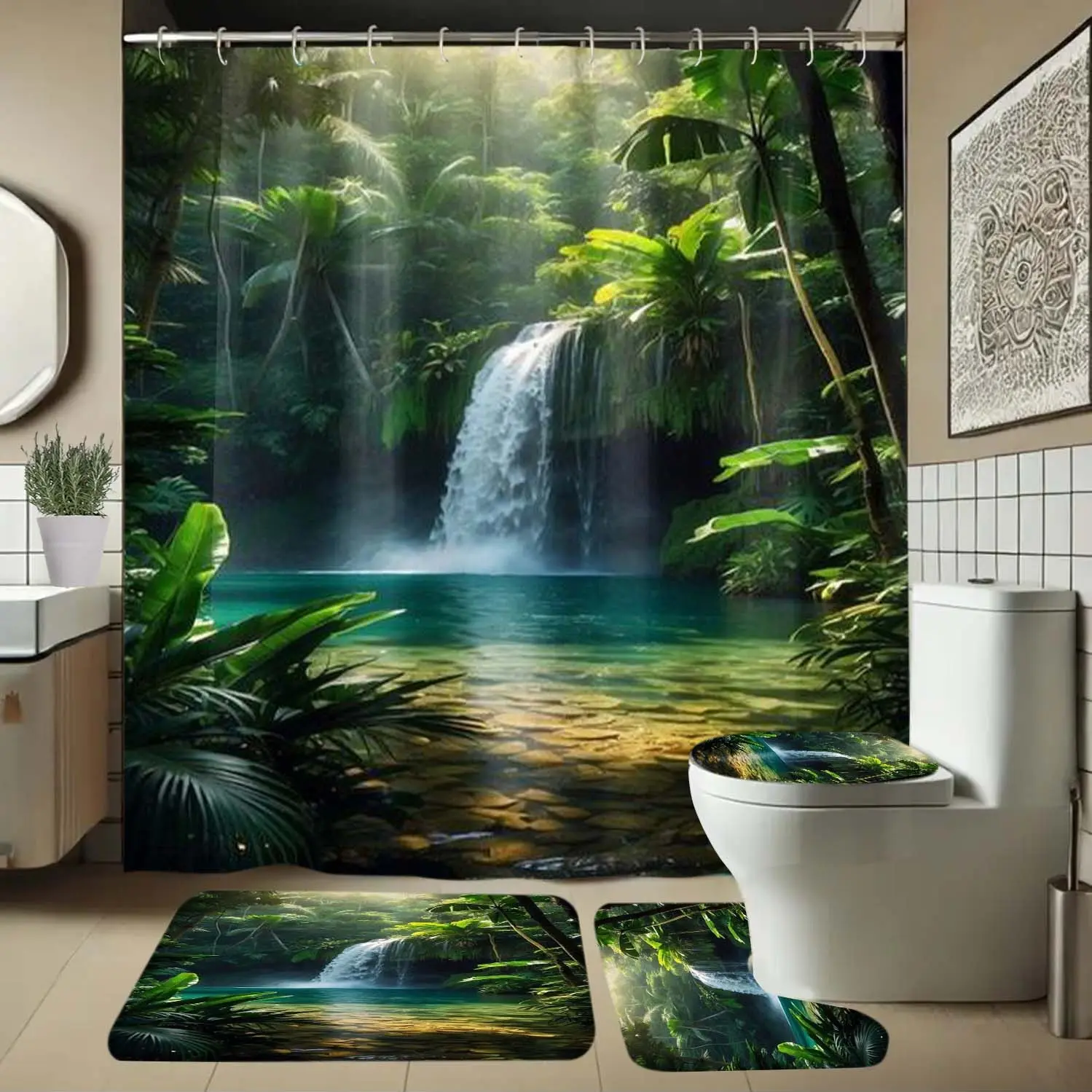 1/3/4 shower curtain set, Waterproof Decorative shower curtain, waterfall pattern includes carpets, suitable for bathroom decoration, with hooks, anti slip shower mats, U-shaped toilet seat cushions, Bathroom Supplies