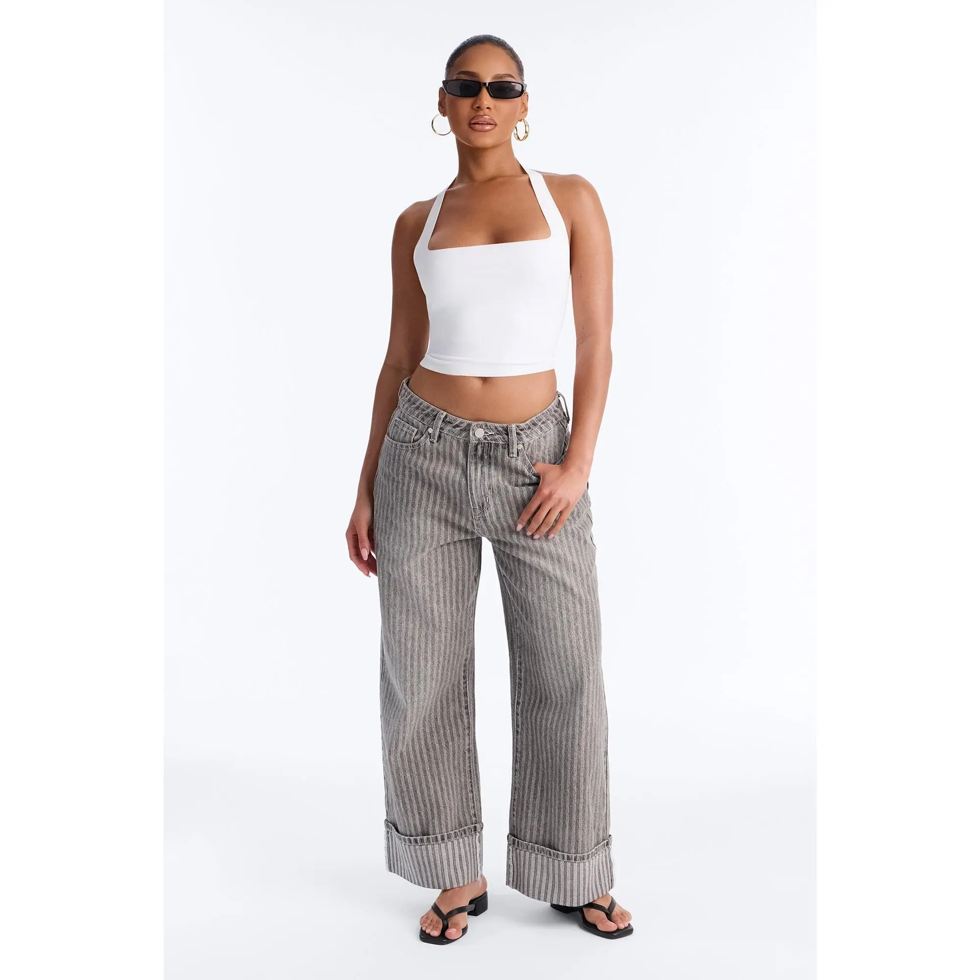 Catch Up Cuffed Wide Leg Jeans - Grey
