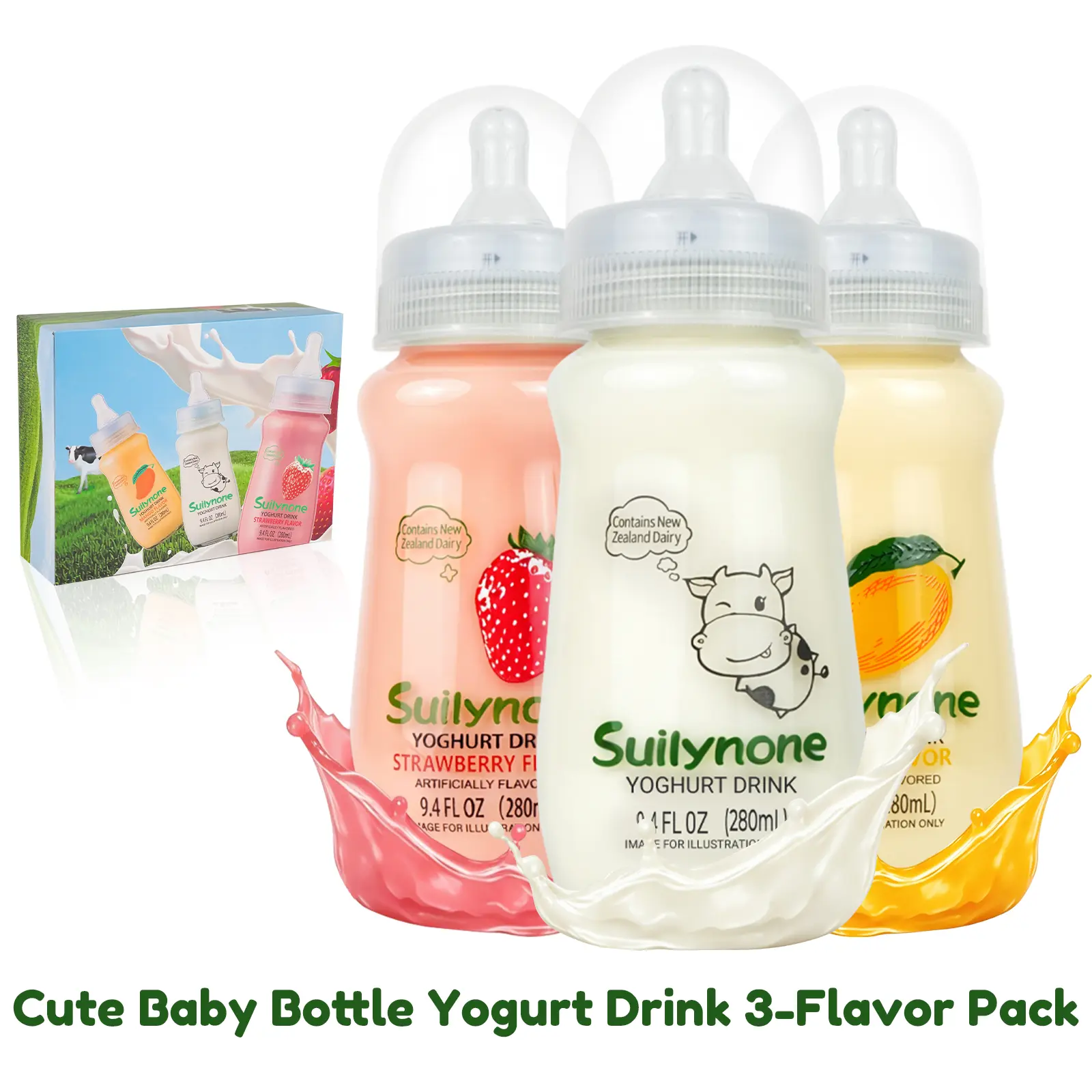 SUILYNONE Yogurt Drink Gift Set - 3 Flavors (Strawberry, Mango, Original) - 280ml Reusable Cute Glass Bottle with Playful Baby Bottle Lids - Shelf-Stable Novelty Food Gift