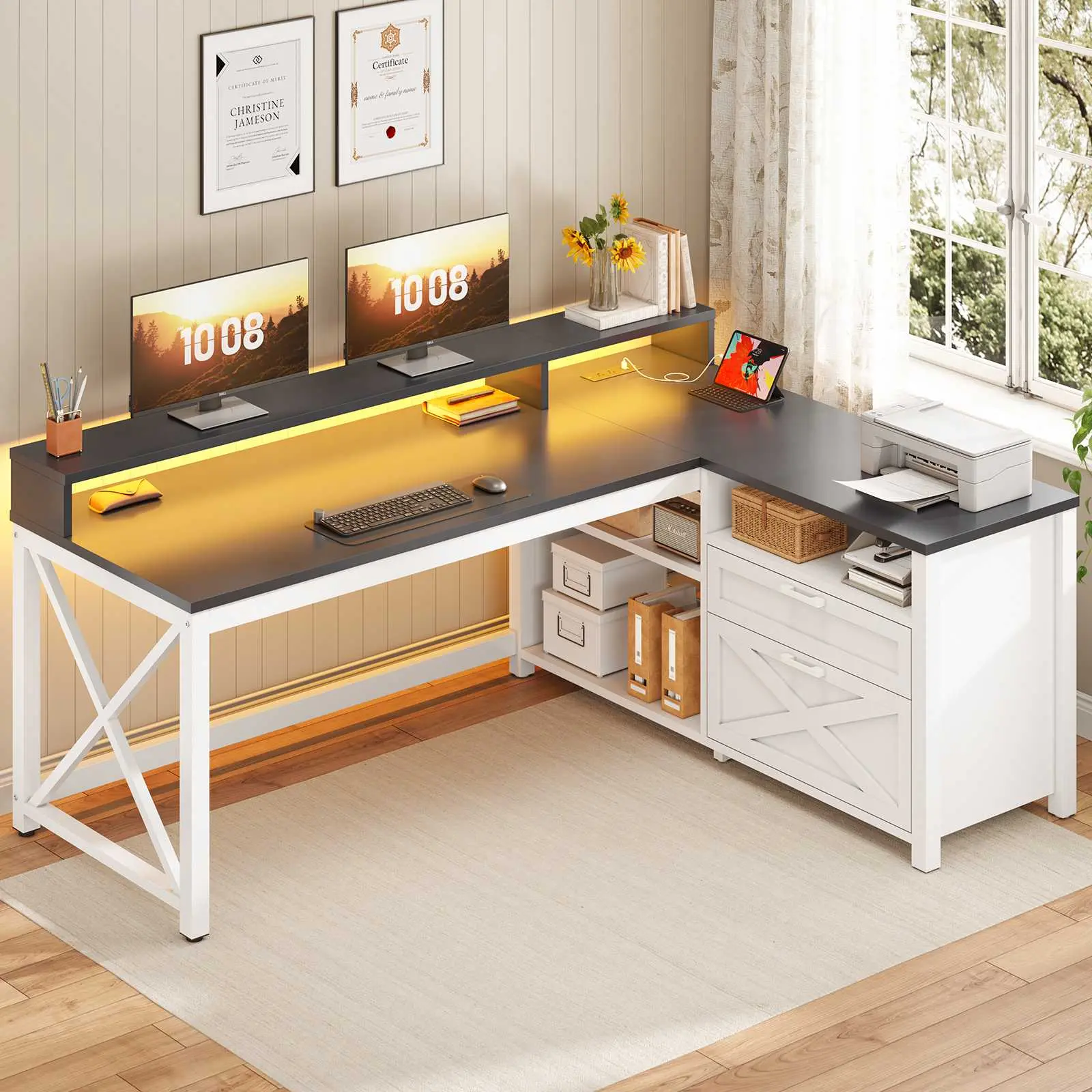 Sedeta Sturdy L-Shape Modern Style Drawers Desk - 55x18.89in with Printer Storage Shelves, Dual Monitor Stand, LED Lights for Home Office Organization (Multi-Monitor Stand Desk), Multi-Monitor Stand Desks
