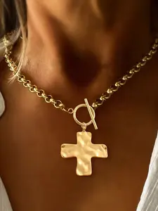 Retro Boho Cross Pendant Necklace Chunky Statement Pendant Necklace, Cross Charm Necklace, Golden/Silvery Stainless Steel Chain, Casual Fashion Jewelry for All Seasons, Dainty Cross Necklace, Trendy Jewelry