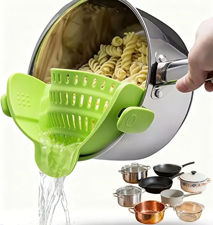 Pasta Strainer Clip-on Silicone Colander for Pot, Pan & Bowl, Heat-Resistant BPA Free Space-Saving Food Drainer with Heavy-Duty Stainless Steel Clips for Noodle, Spaghetti, Meat & Fruit