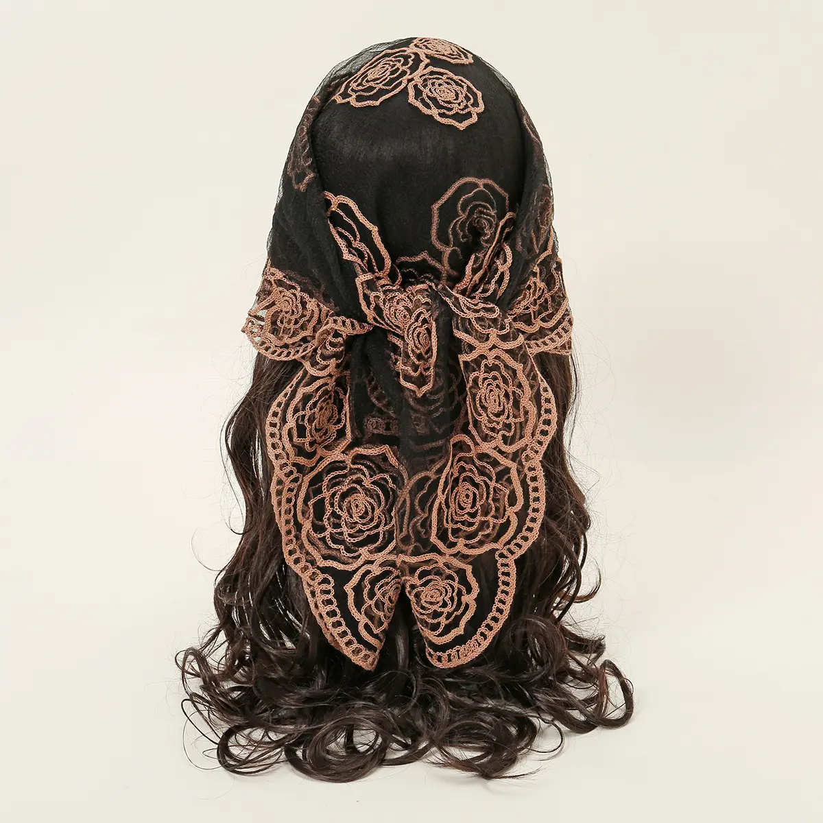 Women's Sports Headband - Black Floral Lace Boho Shawl, Rose Embroidery Mesh Square Sheer Vintage Bandana, Luxury Gift for Adult Females (Party, Driving/OOTD, Muslim Hijab Use for All Seasons)