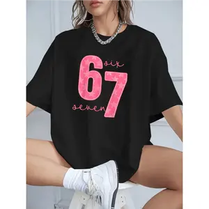 Women's Cotton T-Shirt with 67 Star Print Casual Loose Short Sleeve Summer Top Cute Graphic Tees for Daily Wear Comfortable and Stylish Basic Blouse walk by faith tee Horror Movie Sweatshirt Sweeart Crew Neck T-Shirts Spooky Vibes Pink Themed Vintag of Da