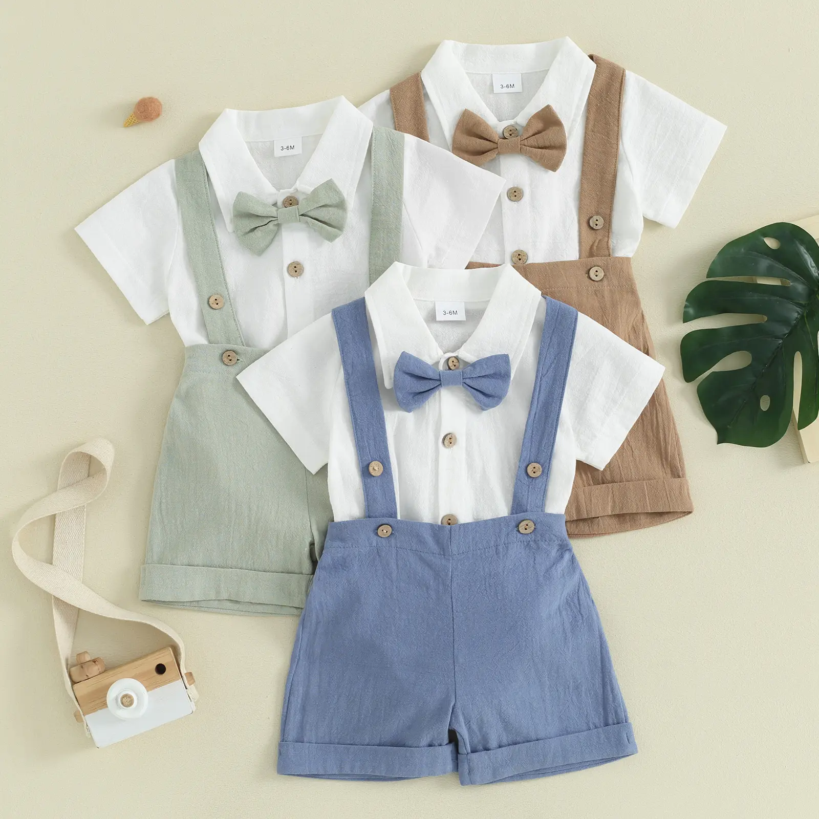 Infant Baby Boy Clothes Gentleman Outfits Suits Summer Short Sleeve Bowtie Bodysuit Shirts + Suspender Shorts(0-24M)