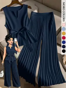 Women's Plus Size 2 Piece Outfits Sleeveless Peplum Top Pleated Wide Leg Pants Set Tie Waist V-Neck Plisse Flowy Elegant Office Workwear Trendy