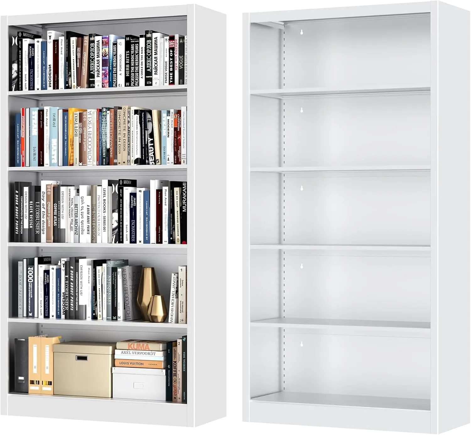 Bookcase,5 Tier White Bookshelves,66" Tall Free Standing Metal Bookcase with Adjustable Storage Shelves, Industrial Wide Bookshelf for Bedroom Living Room Home Office School