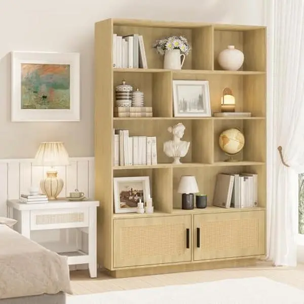 5 Tier Bookshelf, Boho Bookcase with Rattan Doors, Wooden Bookcase and Bookshelf with Storage, Tall Book Stand, Large Bookshelf for Living Room, Bedroom, Home Office, Kitchen