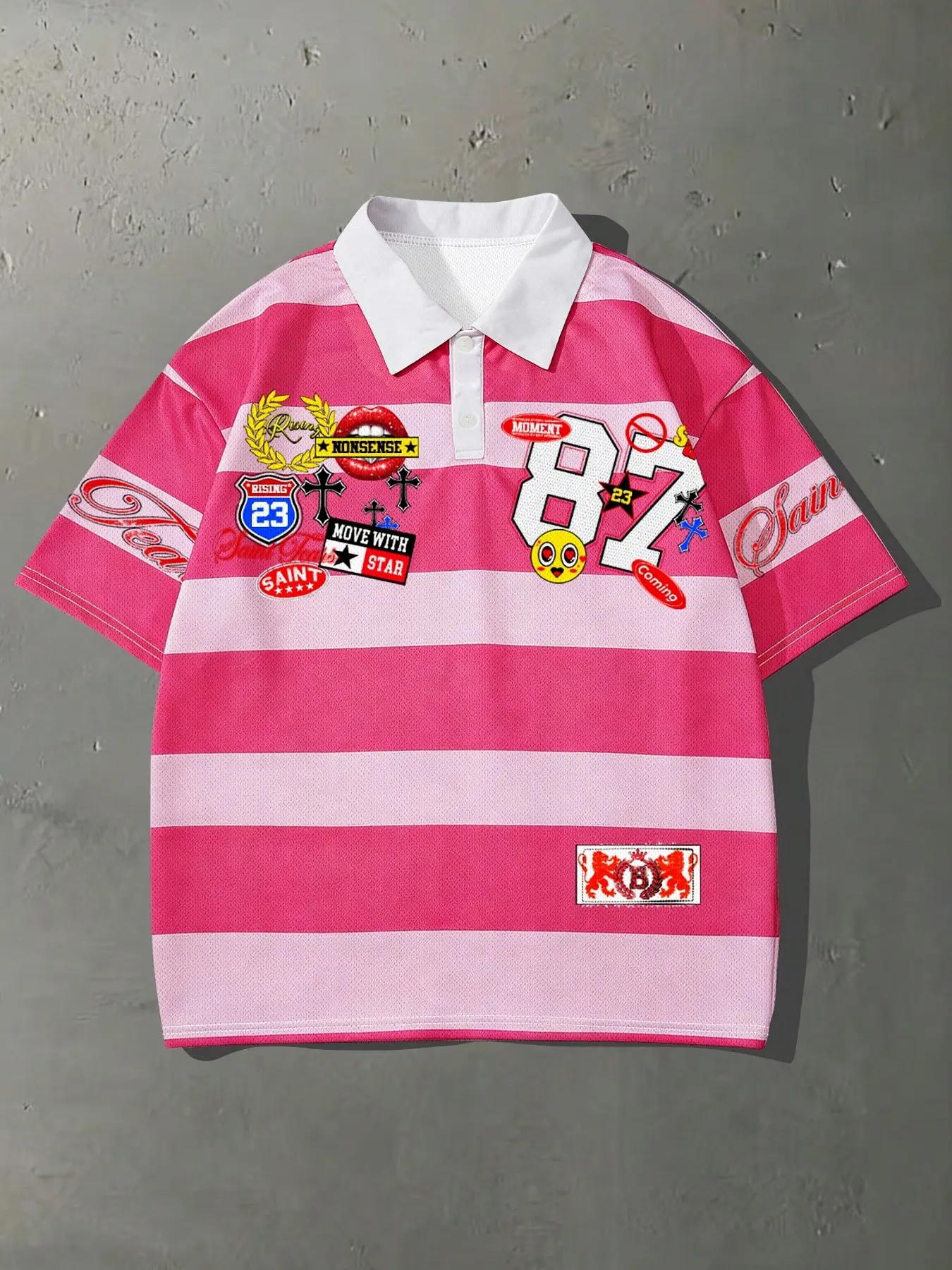 Men's "87" Patchwork Striped Loose Print Rugby Polo Shirt, Pink & White Breathable Mesh Jersey with Multi-Logo Patches, Y2K Streetwear Menswear Trendy Casual Top