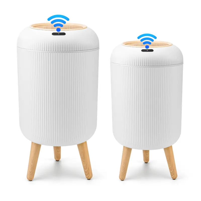 Pukomc Motion-Activated Hands-Free Automatic Smart Trash Bin - 2.6 Gal Size HDPE Waterproof Flip-Top, Cute White Home Care Bin, Bathroom Garbage Can, Kitchen/Bath Use, Modern Design (Requires 2 AA Batteries)