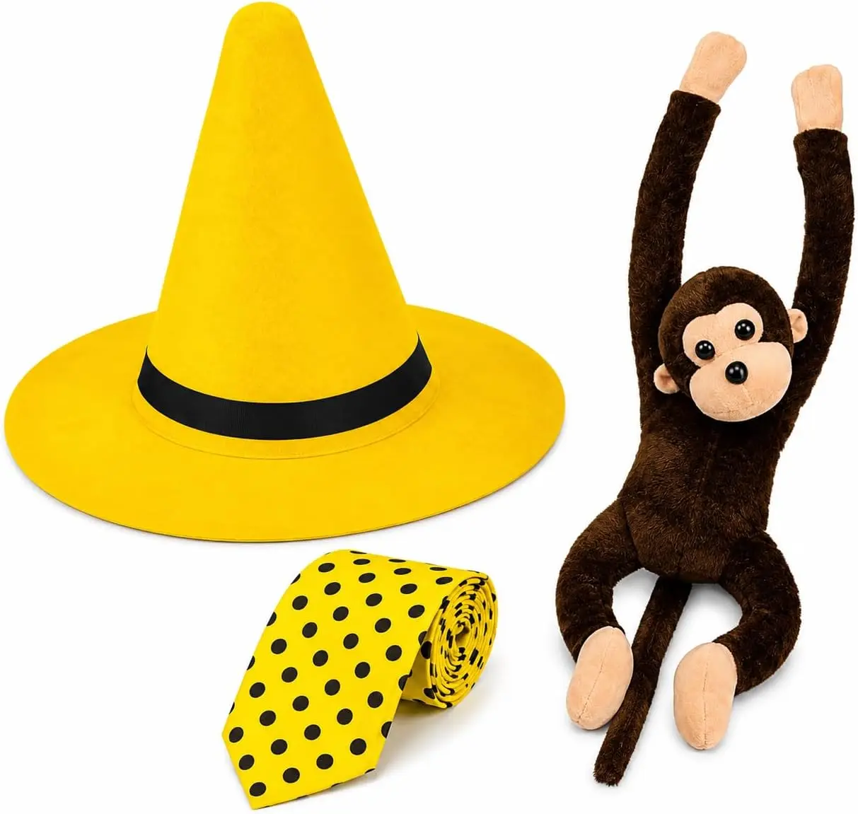 HandinHandCreations Man in the Yellow Hat Polyester-Plush-Cotton Breathable Costume Set, World Book Day Curious George Outfit with Polka Dot Tie & Stuffed Monkey for Men School Reading Party Book Character Halloween Cosplay