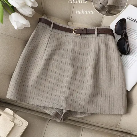 Women's High-Waisted Belted Mini Skort, Striped Woven Fabric, Commuter Fashion, Built-in Shorts Included, Casual Comfy Skort