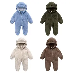 Baby Boy Girl Winter Fuzzy Jumpsuit Infant Bear Ear Snowsuit Long Sleeve Footed Zipper Hoodie Romper Kid Warm Coat