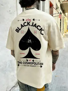 Vintage Oversized Jack Print T-Shirt, Casual Casino Style Streetwear, Men's Las Vegas Travel & Night Out Versatile Top Vibe