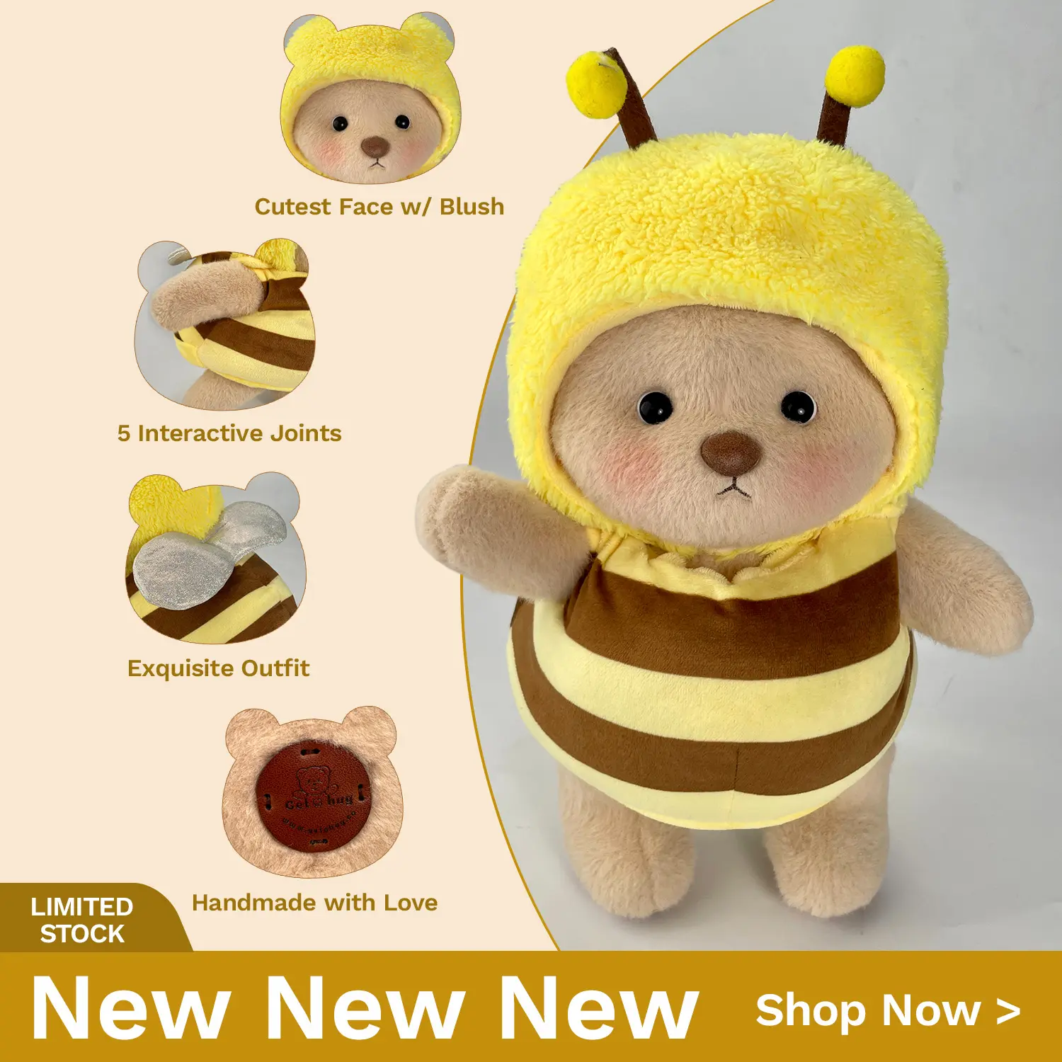 GETAHUG Getahug Happy Little Honey Bee Bear - Ultra Soft Jointed Plush Toy Collectible Gift with Exquisite Outfit & 5 Interactive Joints Perfect for Any Age - Stuffed Animals Cute Teddy Bear Cuddly Teddy Bear