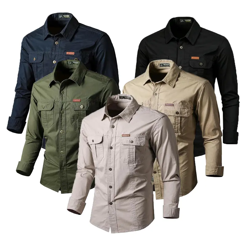 Men’s classic collared long-sleeve shirt with full button closure; durable fabric with reinforced, thickened pockets; suitable for outdoor activities and everyday casual wear (men’s long-sleeve top); front-button long-sleeve design; menswear. Menswear