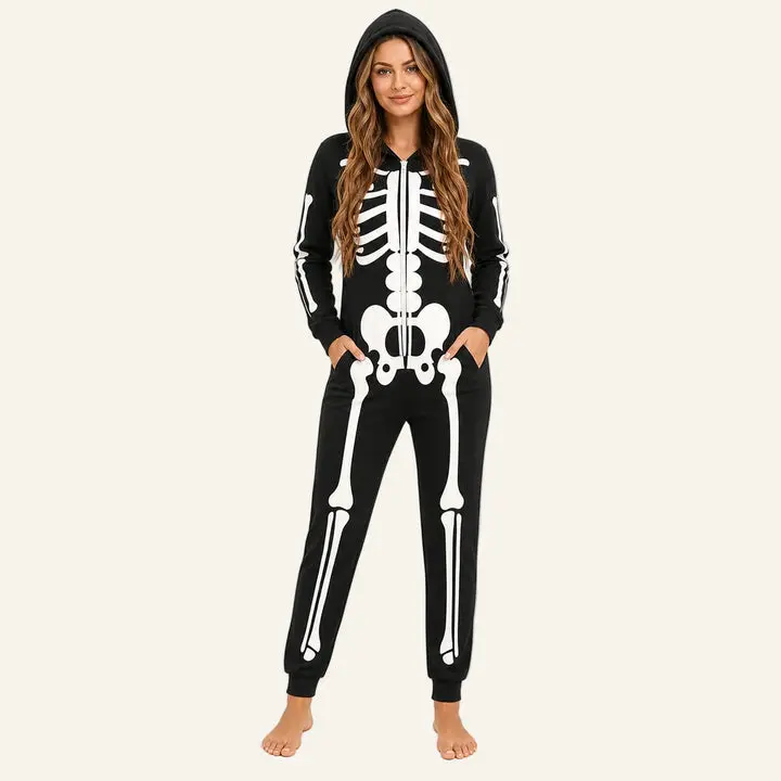Women's Polyester Neon Skeleton Hooded Kigurumi Onesie - Black-Blue, Long-Sleeve Zipper Costume, Sleepwear & Loungewear