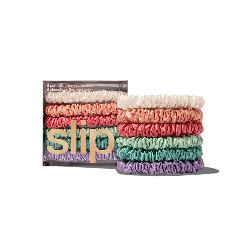 Slip Silk Skinny Scrunchies - Sprinkles | Multi Color: Lilac, Blue, Tide, Blush, Peach, White (6-Pack) | 100% Pure Mulberry Silk Hair Ties | Designed to be Anti-Crease, Anti-Breakage, Gentle on Hair | Ideal for All Hair Types |