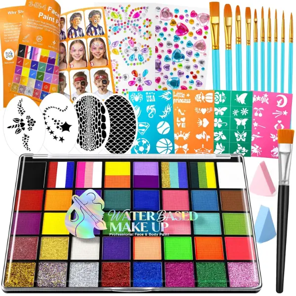 Face Painting Kit for Kids Professional Face Paint Palette Non-Toxic Water Activated Face & Body Paint, Complete Set with Brushes Stencils & Sponges for Halloween Birthday Parties Festivals Cosplay Carnival & Sports Events