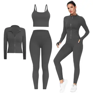 【LOCAL FAST SHIPPING】NORMOV 2/3 Piece Workout Set - Longline Sports Bra + Side Pockets Leggings + Jacket with Thumbholes – Women’s Yoga Outfit Activewear for Gym Running Training Summer Sportswear