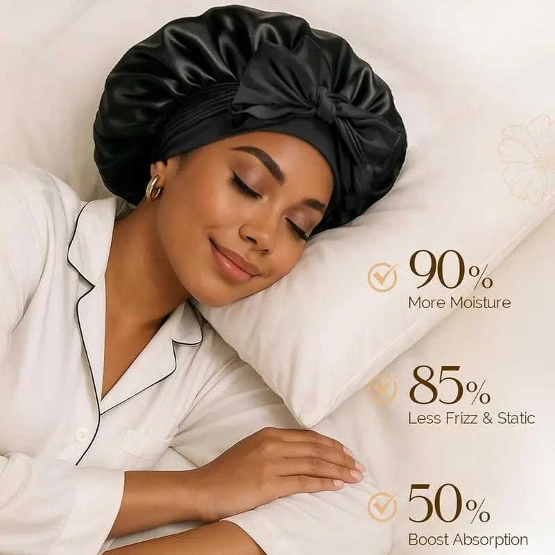 Double-Layer Satin Hair Cap for Men and Women, Adjustable Tie Band Sleep Cover for Haircare, Frizz Control & Heatless Styling, Bonnet, Hair Drying Cap, Solid, Sleep Bonnet, Anti-Frizz, Adults, Plain