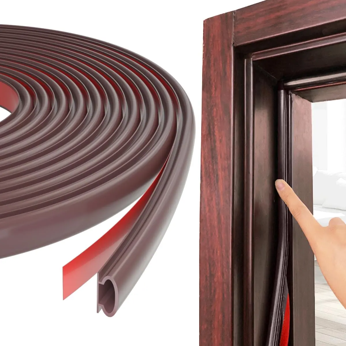49Feet Door Weather Stripping Door Seal Strip,Self-Adhesive Rubber Door Insulation Weather Strip for Window and Door Soundproofing D Shape,Weatherstripping for Door Frame Gap Blocker (Brown)