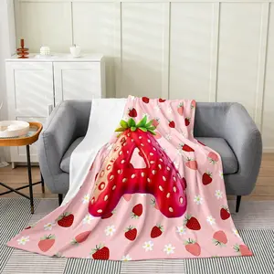 Girls Pink Red Strawberry Fleece Throw Blanket Initial Letter A Flannel Blanket Plush Fuzzy Princess Strawberry for Bed Couch Chair Living Room Baby Bedroom Decor