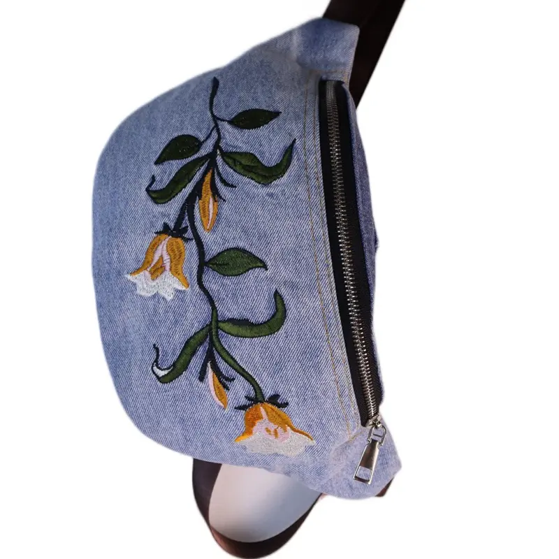 Handmade Upcycled Denim Patchwork Fanny Bag - Crossbody Sling Bag with Special Embroidery Design, Zipper Closure, 13”x6”x3”, Handcrafted