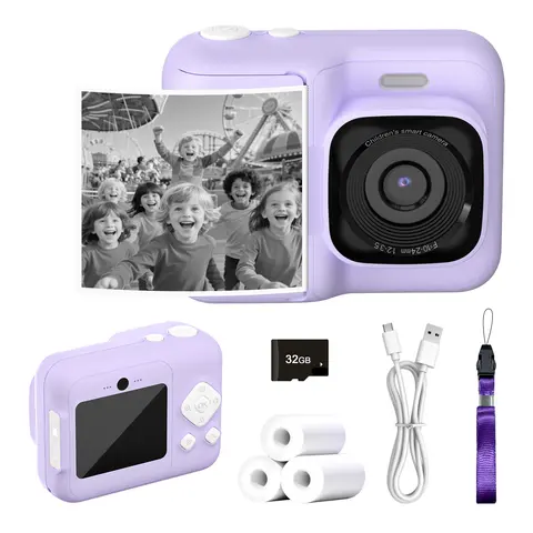 Kids' HD Digital Instant Print Camera - AI Printer, Portable Soft Plastic Durable Toy Photographic Kit with 32GB SD Card, 3 Rolls Printing Paper, Button Operation, HD Video Rec, Colorful Electronic Gift Set for Boys, Instant Photobooth Accessory,techvibes