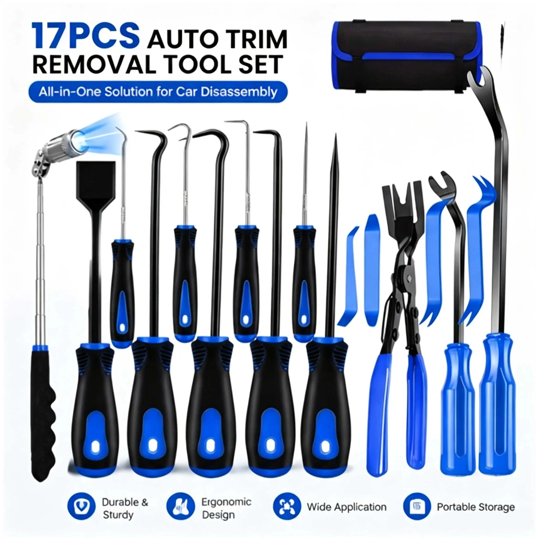 17PCS Automotive Trim Removal Tool Set Magnetic LED Telescopic Pickup Light Oil Seal Hook Pick Tools Plastic Pry Bars Clip Remover Pliers Car Dashboard Door Audio Upholstery Disassembly Repair Tools with Storage Bag