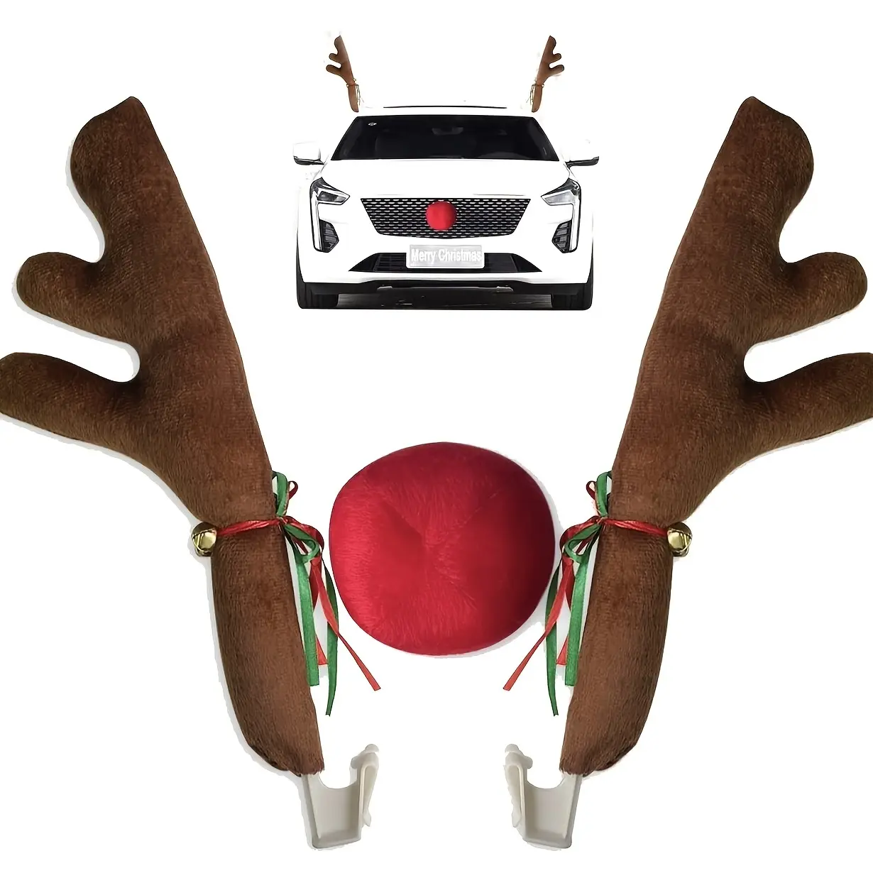 Rudolph Reindeer Car Decoration Kit - Christmas Antler Ornaments, Jingle Bells, Red Nose, Festive Design - Auto Decor Gift for Christmas Lovers