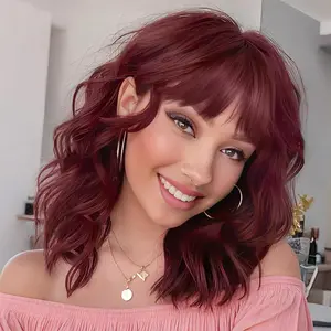 Bob's curly synthetic short wig, wine red in color, with bangs, natural and realistic, made of heat-resistant fiber hair that is naturally breathable. It is designed specifically for women and is suitable for holiday parties and school starts, cosplay