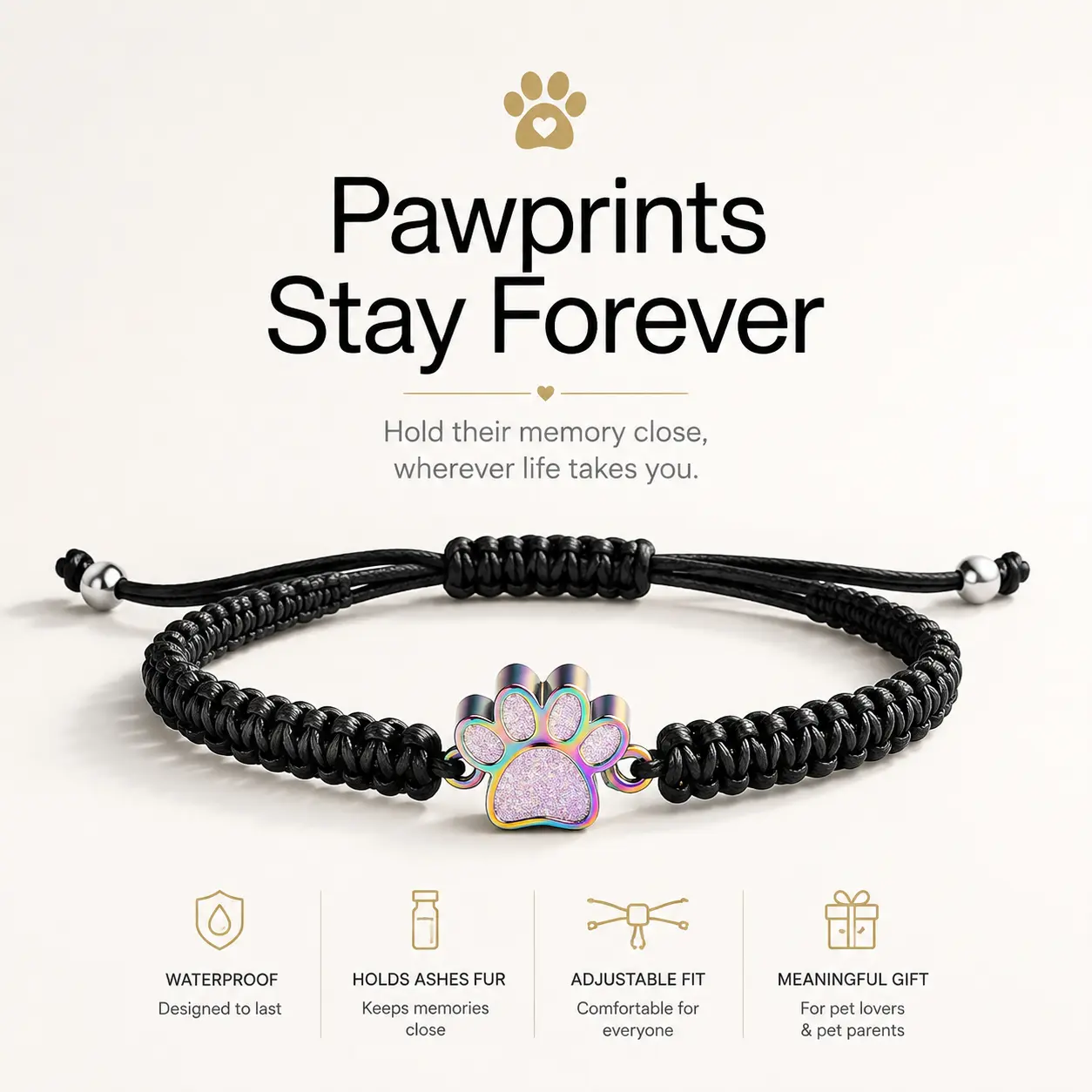 Pet Memorial Bracelet Adjustable | Rainbow Cat Paw Bracelet | Waterproof Stainless Steel Jewelry | Ash & Fur Keepsake Gift for Cat & Dog Lovers