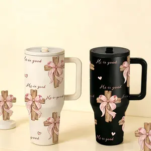 40oz Christian Faith Insulated Mug with Handle and Straw Lid, He Is Good Cross and Pink Bow Print, Double Wall Vacuum Thermal Mug for Hot and Cold Drinks, Large Capacity Car Travel Mug, Ideal Gift for Church Friends and Believers Tumbler