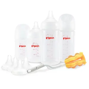 Pigeon Baby Bottle Newborn Feeding Gift Set, Anti-Colic, Wide Neck Bottle with Latch-On Line Nipple (4 PP Feeding Bottles with Nipples+ 4 Nipples + 1 Baby Bottle Brush)