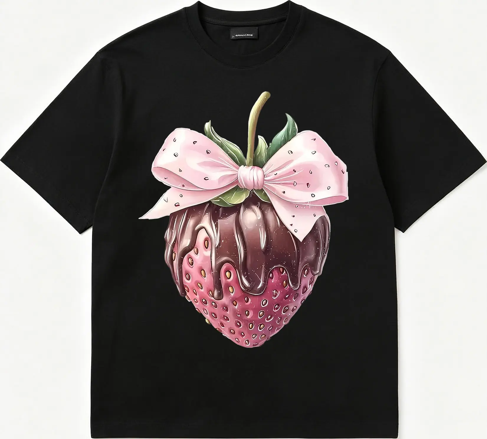 100% Cotton Strawberry With Pink Bow T-Shirt Women Men Outdoor Casual Short Sleeve Comfortable And Versatile