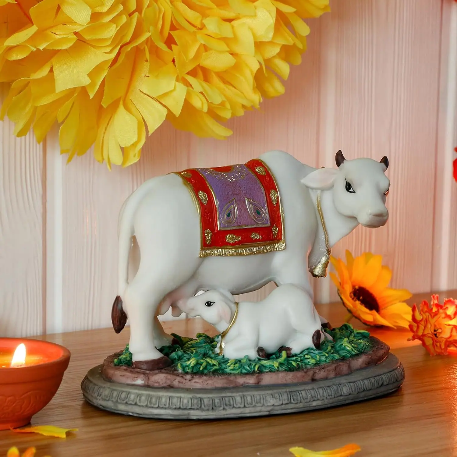 Hindu God Cow Calf Statue- 6.7" L Indian Idol Kamadhenu with Calf Figurines wish-fulfilling Cow Diwali Gifts Murti Pooja Item Home Office Mandir Temple Altar Puja Decor Gifts for Indian Friends