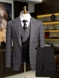 Wedding Men's Suit Plaid 3pcs Set Jacket + Vest + Pants, business, Formal, Casual Suits, Blazer Trouser Set