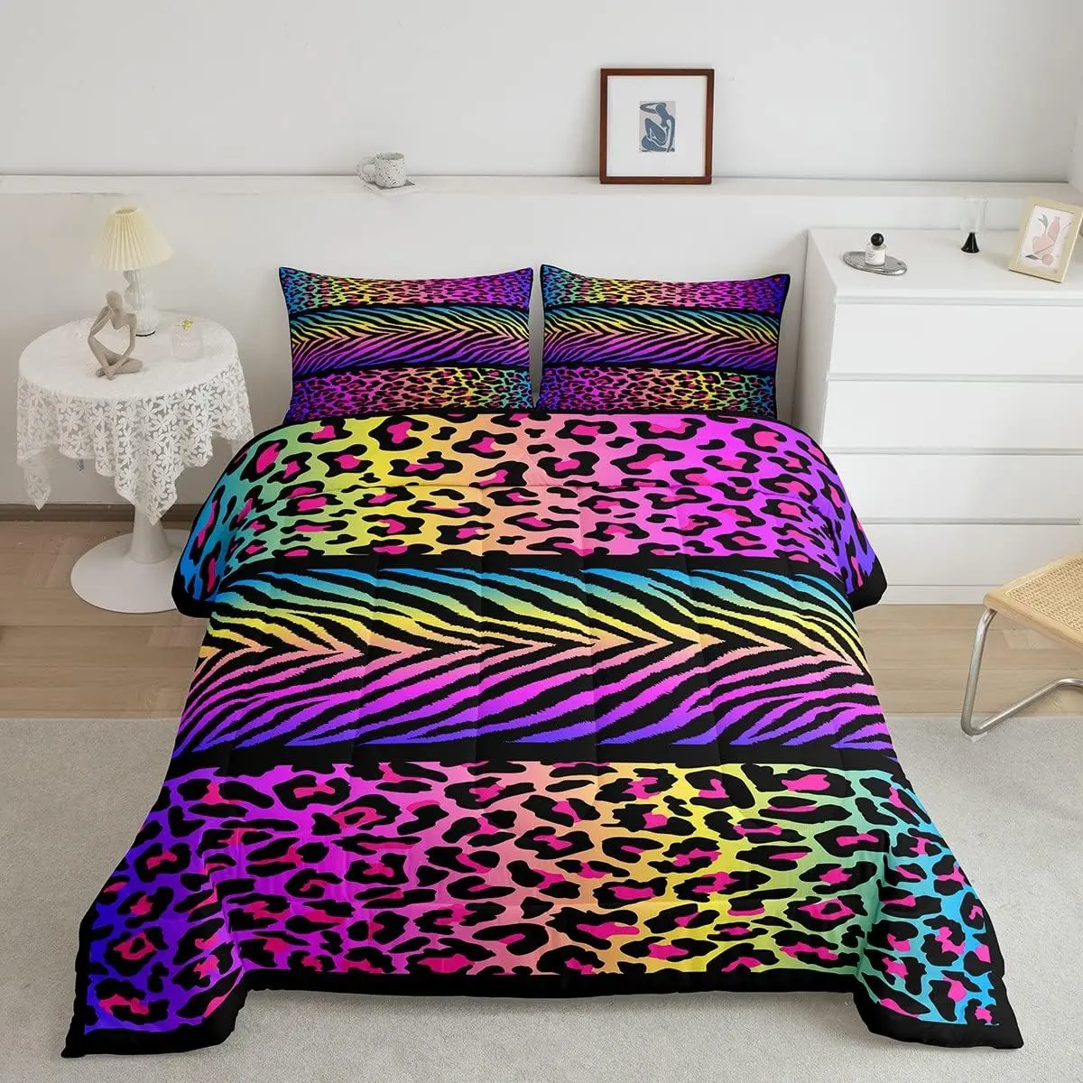 Neon Cheetah Print Bedding Set For Women Rainbow Leopard Comforter Set Wild Zebra Stripe Bedding Comforter Sets Wild Animal Quilt Duvet Insert Wildlife Theme Bedroom Decor Colorful