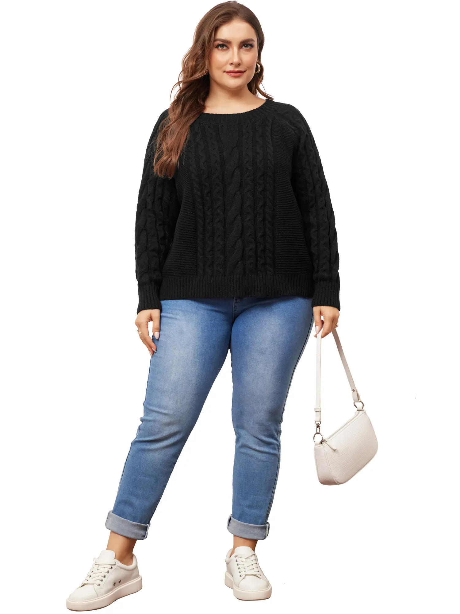 Agnes Orinda Plus Size Women's Sweater Long Sleeve Crewneck Fisherman Cable Pullover Sweaters