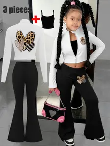 【Three-piece set】Girls' fashion love pattern printed coat + flared pants + camisole three-piece set, a must-have for fashionable girls, comfortable and casual, perfect for street-style sweet and cool girls, excluding bags, Clothing Sets