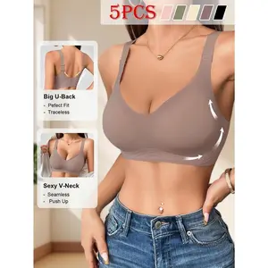 5-PackWomen'SWirelessJellyBras,MatureStyle,SolidColor,ComfortableBreathableKnitFabric,T-ShirtBrawithRemovablePads,AdjustableStraps,U-BackDesignforDailyWear