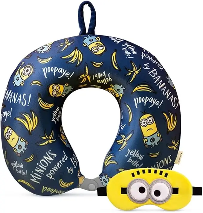 MINISO Minions Travel Neck Pillow with Eye Mask - 100% Memory Foam Portable Neck Support, Hand Wash Only, Cute Cartoon Design for Airplane, Car Use (Textiles & Soft Furnishings Pillow Set)