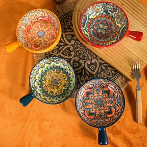 Set of 2/4 Bohemian Ceramic Handled Salad Bowls, 6-Inch Floral Pattern Round Serving Dishes, Microwave Safe Holiday Themed Bowls Red Green Blue Orange Dinnerware Sets for Kitchen, Ceramic Pasta Bowls