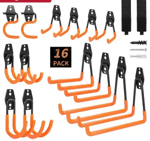 16 Pack Garage Hooks Heavy Duty Organization for Tools Wall Mount Utility Hook Garage Hanger Storage Hooks with 2 Extension Cord Straps Shed Organiser