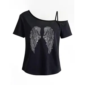 Womens Asymmetrical One Shoulder Strap Short Sleeve Tee Rhinestone Angel Wings Graphic Off Shoulder Top Y2K Going Out Streetwear Concert Party Summer Outfit
