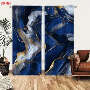 2D Flat  2-Piece Abstract Fluid Art Curtains, Deep Blue White Gold Swirling Patterns, Liquid Marble Ink Textured Design, Luxurious Metallic Glittering Accents, Dynamic Undulating Shapes for Living Room Bedroom Window Decor, Home Decoration Curtain
